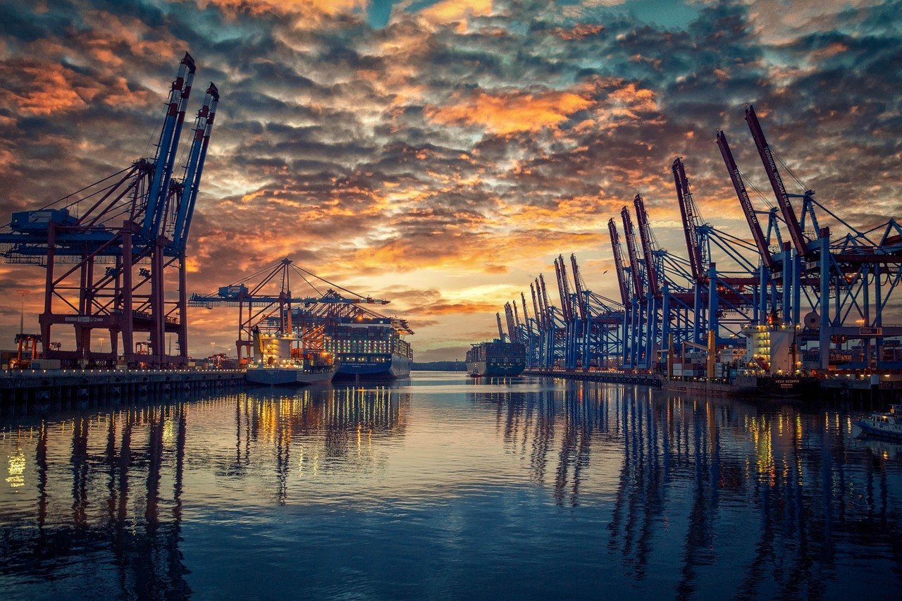 Container port at sunset